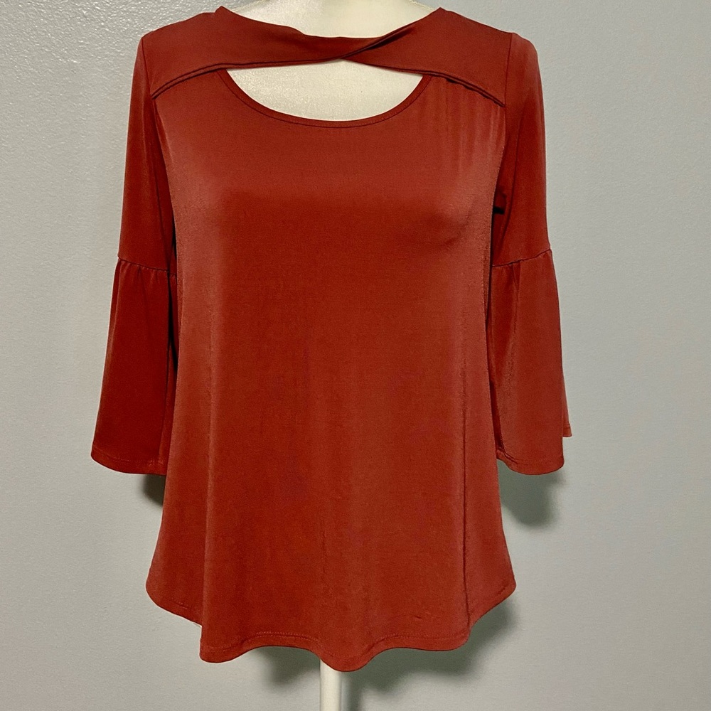 Corvia blouse, rust in color, 3/4 flowing sleeves. Crossover by neck.